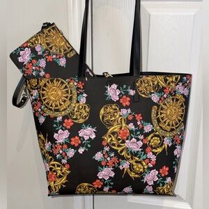 Like New Black Floral Versace Jeans Couture Tote Bag with removable clutch